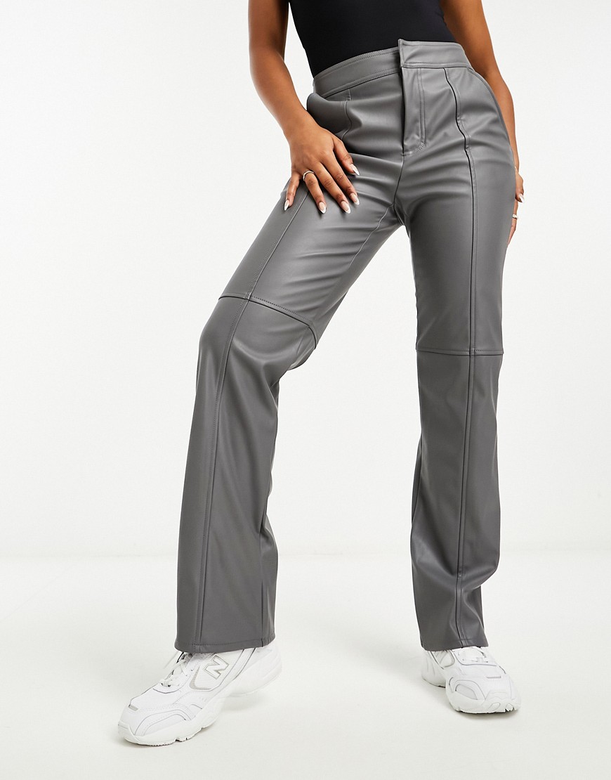 Asos Design Faux Leather Seam Detailed Straight Leg Pants In Gray