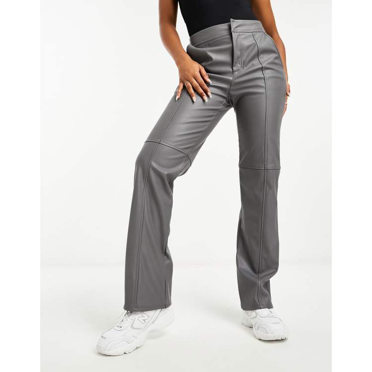 ASOS DESIGN faux leather seam detailed straight leg pants in gray