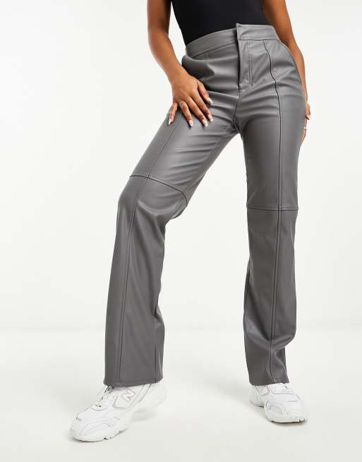 Grey Straight Leg Faux Leather Trousers