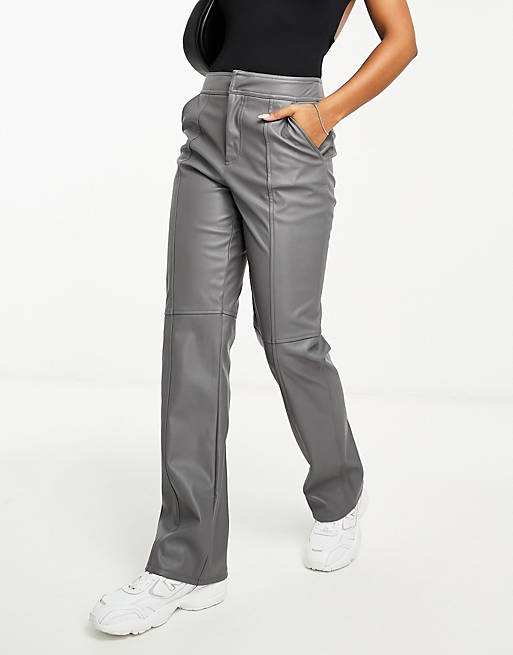 ASOS DESIGN faux leather seam detailed straight leg pants in gray