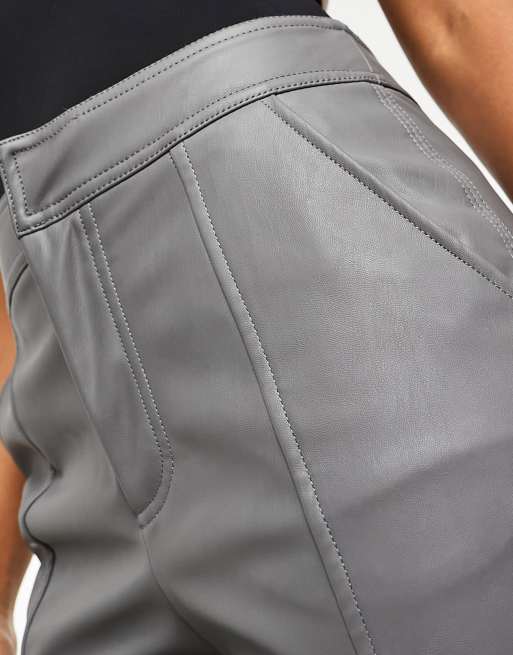 ASOS DESIGN faux leather seam detailed straight leg trouser in grey, 2 of 4