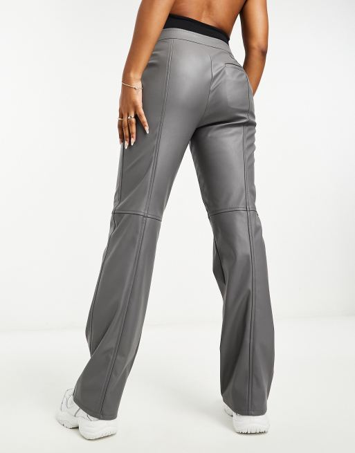 ASOS DESIGN faux leather seam detailed straight leg trouser in grey, 3 of 4