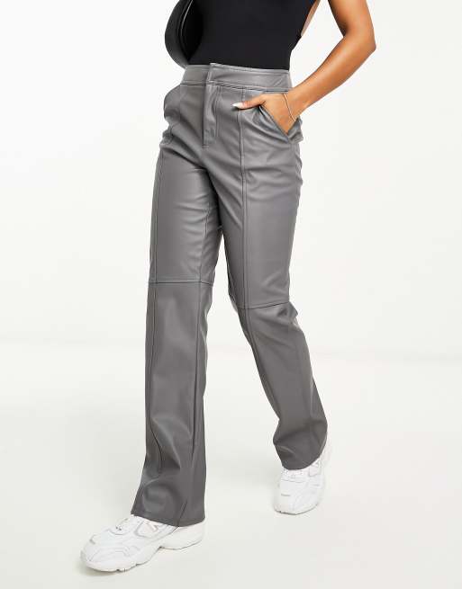 ASOS DESIGN faux leather seam detailed straight leg trouser in grey