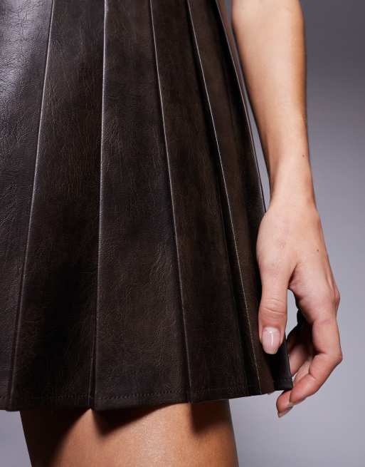ASOS DESIGN faux leather seamed mini dress with pleat hem in chocolate, 3 of 4