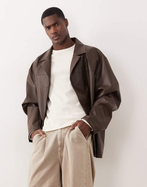 ASOS DESIGN faux leather shacket in brown - view 1