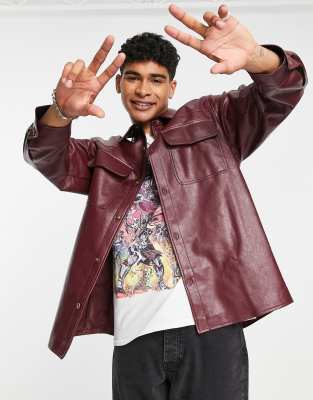 Asos Design Faux Leather Shacket In Burgundy-red In Red