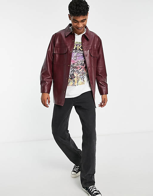 Faux leather shacket in burgundy ASOS Herren Kleidung Jacken & Mäntel Jacken Lederjacken 