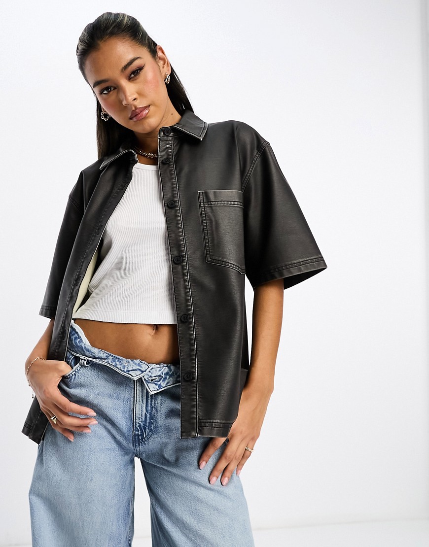 Asos Design Faux Leather Shirt In Washed Black