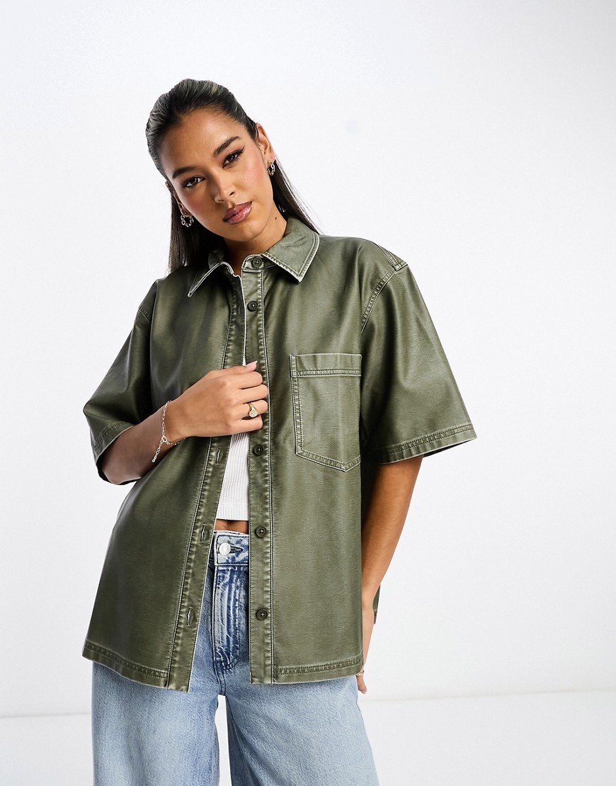 Asos Design Faux Leather Shirt In Washed Khaki-green
