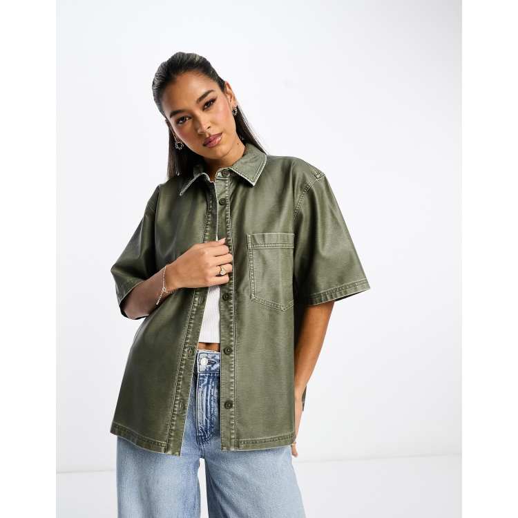 ASOS DESIGN faux leather shirt in washed khaki | ASOS