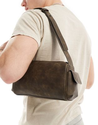 Asos Design Faux Leather Shoulder Bag In Washed Brown In Burgundy