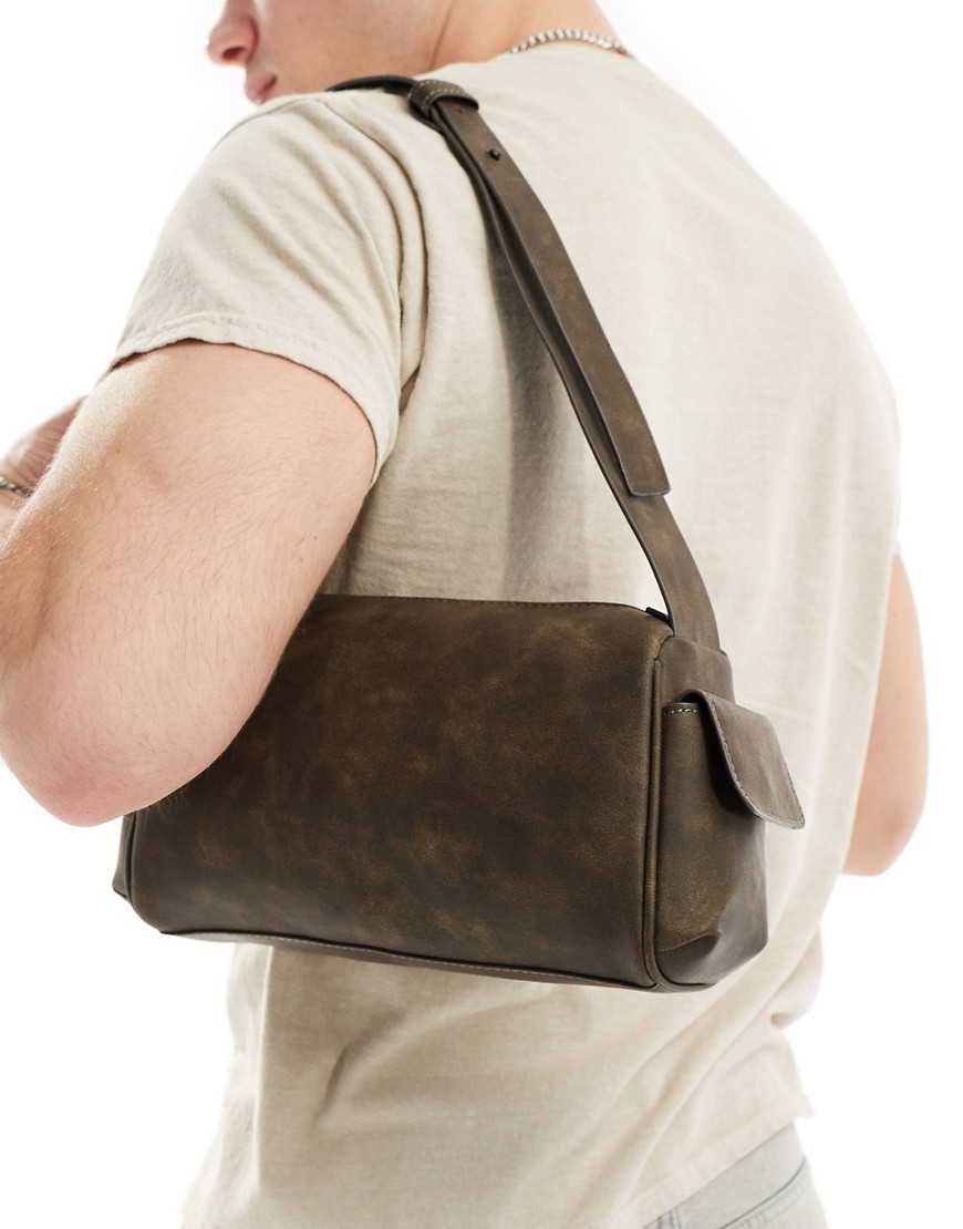 faux leather shoulder bag in washed brown