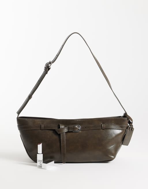 ASOS DESIGN faux leather shoulder bag in washed brown, 2 of 4