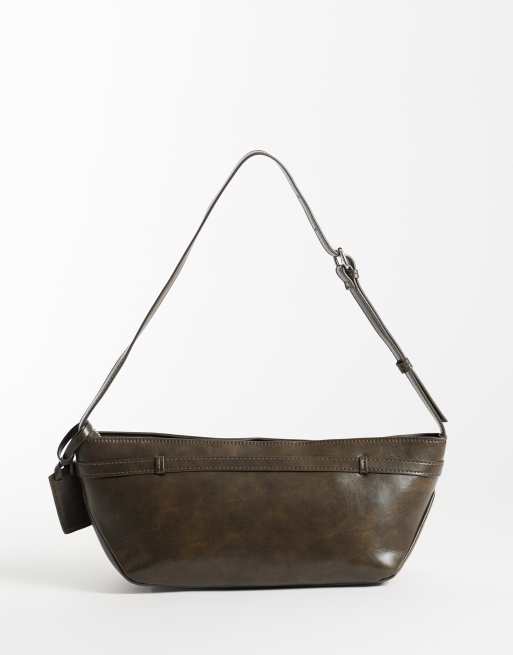 ASOS DESIGN faux leather shoulder bag in washed brown, 4 of 4