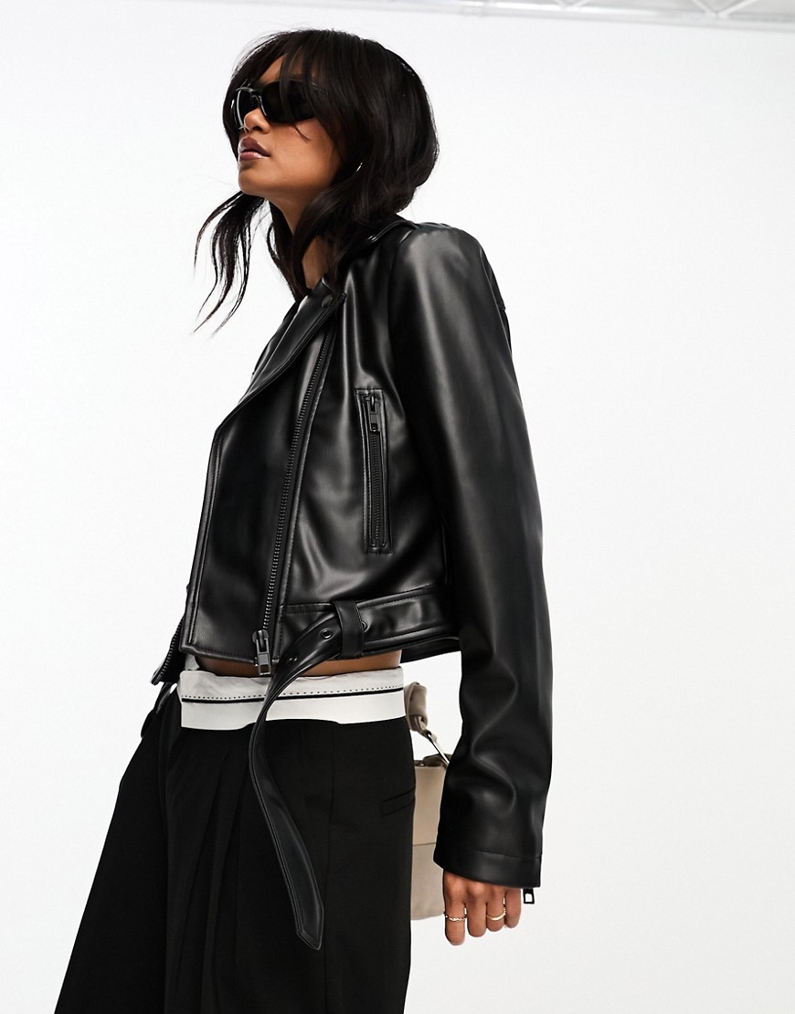 ASOS DESIGN faux leather shrunken biker jacket with belt in black