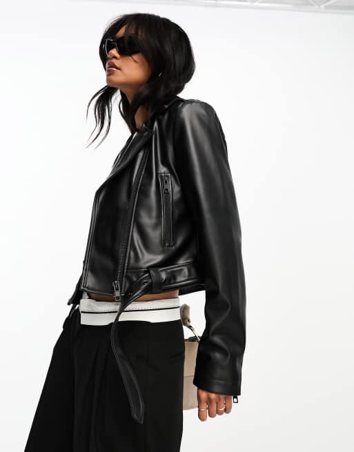 Faux leather belted moto jacket sale