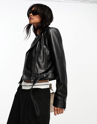 ASOS DESIGN faux leather shrunken biker jacket with belt in black - ASOS Price Checker