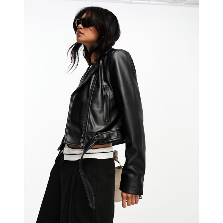ASOS DESIGN faux leather shrunken moto jacket with belt in black 