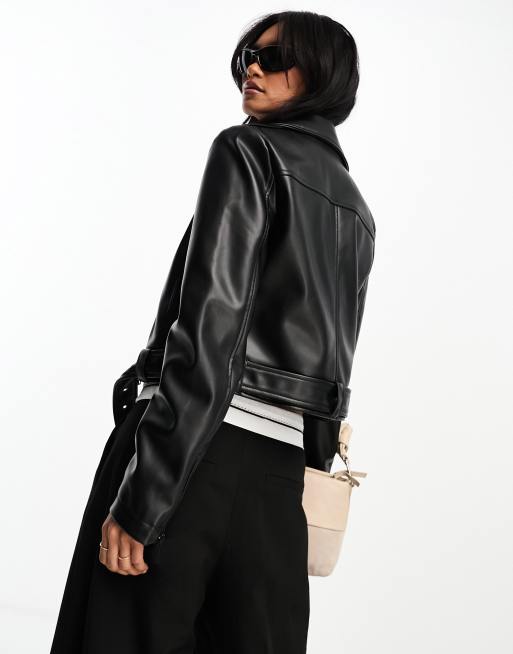 ASOS DESIGN faux leather shrunken moto jacket with belt in black