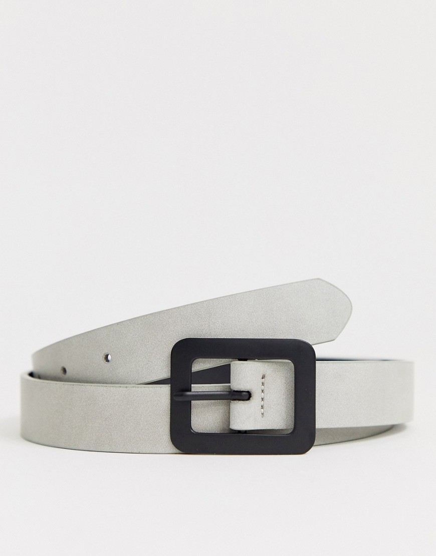 ASOS DESIGN faux leather skinny belt in grey with matte black buckle