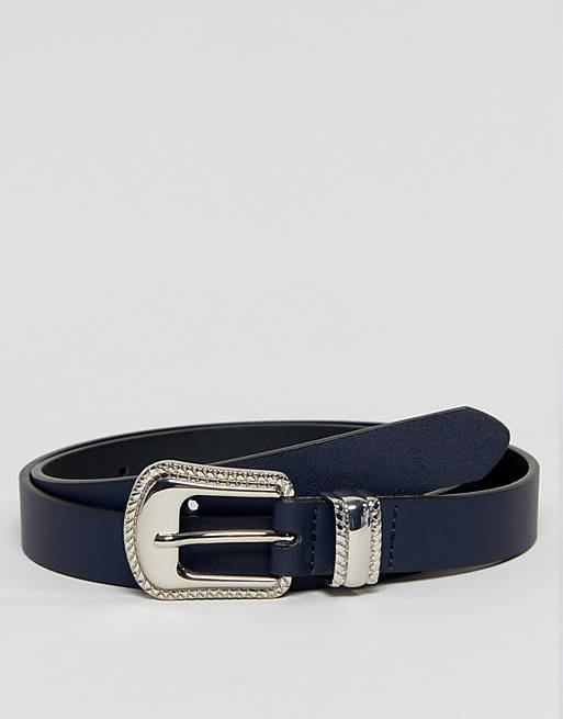 ASOS DESIGN faux leather skinny belt in navy with western buckle | ASOS