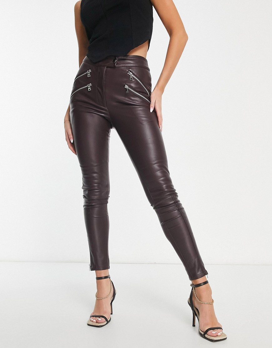 faux leather skinny moto with zips in brown