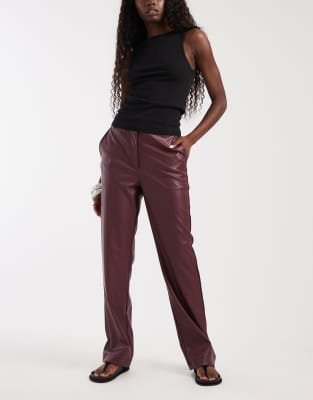 Asos Design Faux Leather Slim Straight Leg Pants In Red