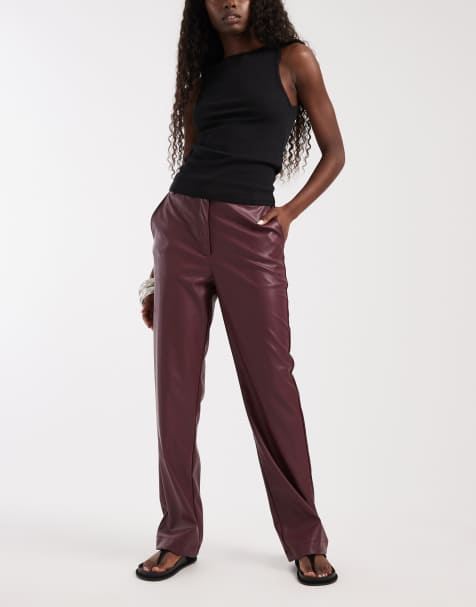 ASOS DESIGN faux leather slim straight leg pants in burgundy - view 1