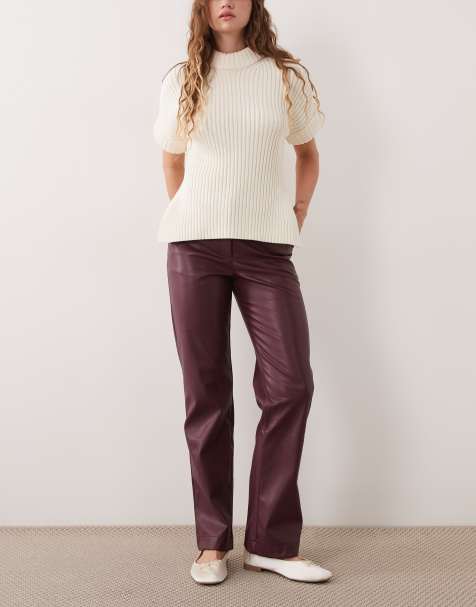 ASOS DESIGN faux leather slim straight leg trousers in burgundy - view 1