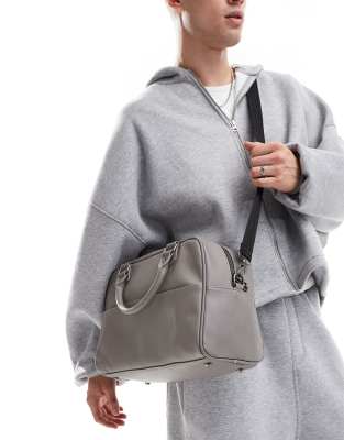 ASOS DESIGN faux leather small holdall bag in grey