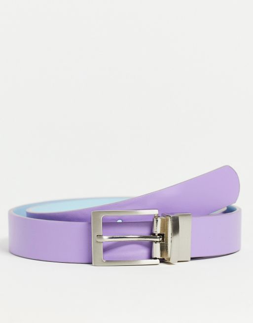 ASOS DESIGN faux leather smart reversible belt in lilac and blue