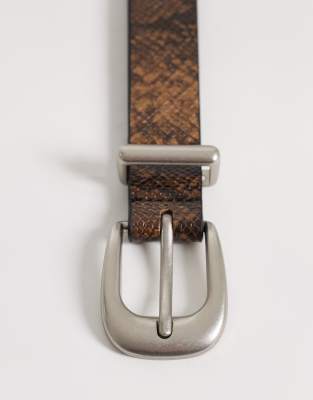 Asos Design Faux Leather Snake Print And Texture Belt With Silver Buckle In Orange