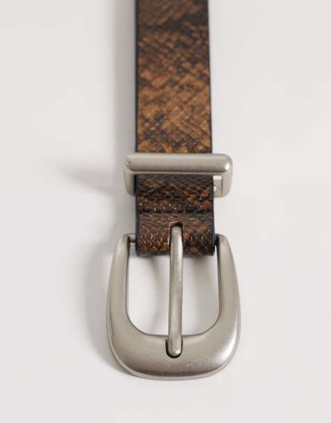 ASOS DESIGN faux leather snake print and texture belt with silver buckle in brown - view 1