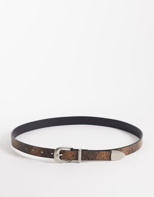 ASOS DESIGN faux leather snake print and texture belt with silver buckle in brown, 2 of 3