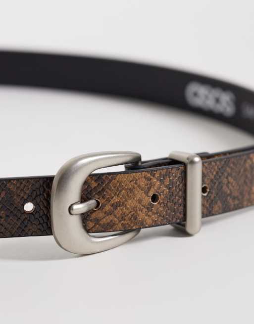 ASOS DESIGN faux leather snake print and texture belt with silver buckle in brown, 3 of 3
