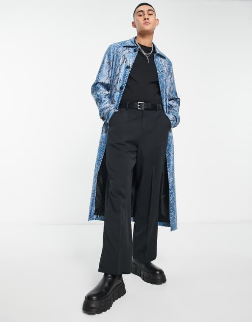 ASOS DESIGN faux leather snake print trench coat in blue