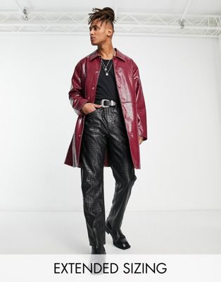 ASOS DESIGN faux leather snake trench coat in burgundy-Red
