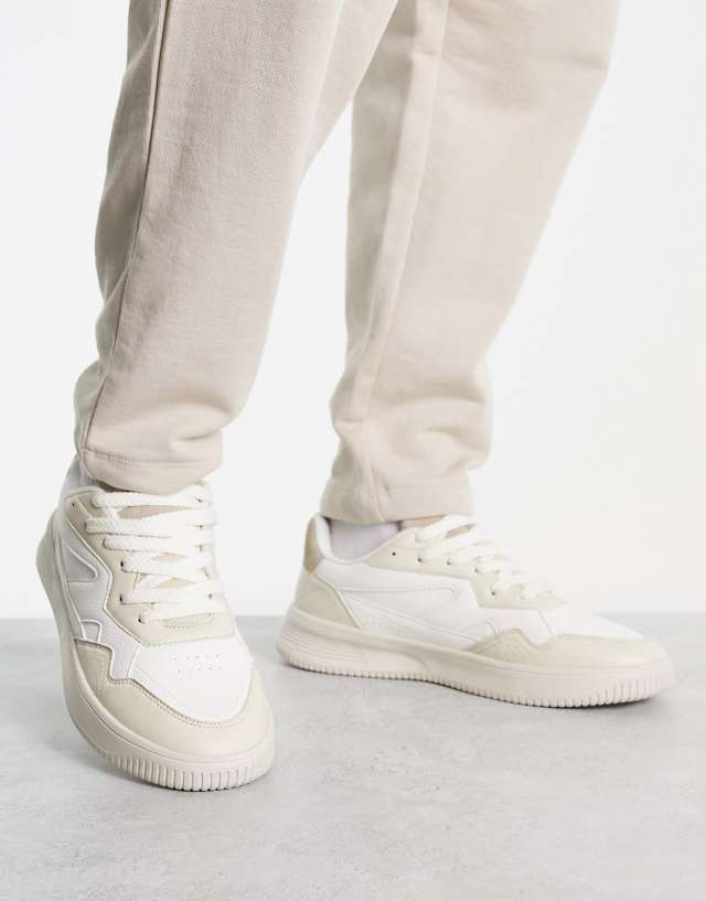 ASOS DESIGN faux leather sneakers in white and stone mix