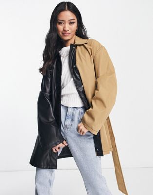 ASOS DESIGN faux leather spliced jacket in stone and black