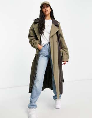 ASOS DESIGN faux leather spliced trench in brown | ASOS