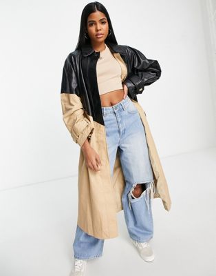 ASOS DESIGN faux leather spliced trench in stone