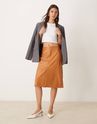 faux leather split front midi skirt in tan-Orange