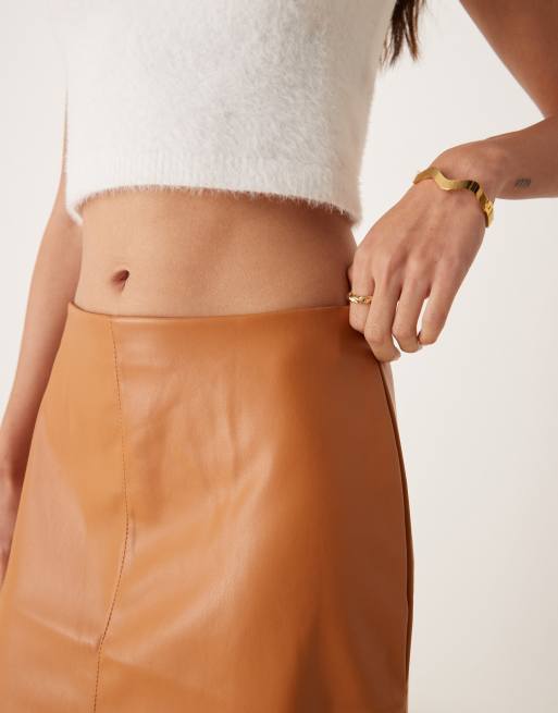 ASOS DESIGN faux leather split front midi skirt in tan ASOS