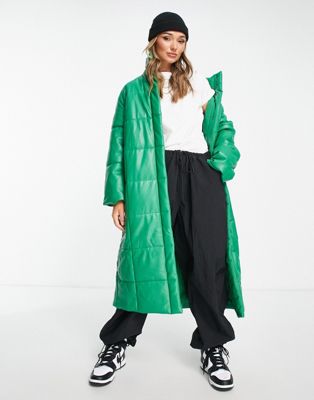 ASOS DESIGN faux leather square quilt longline coat in green - ASOS Price Checker