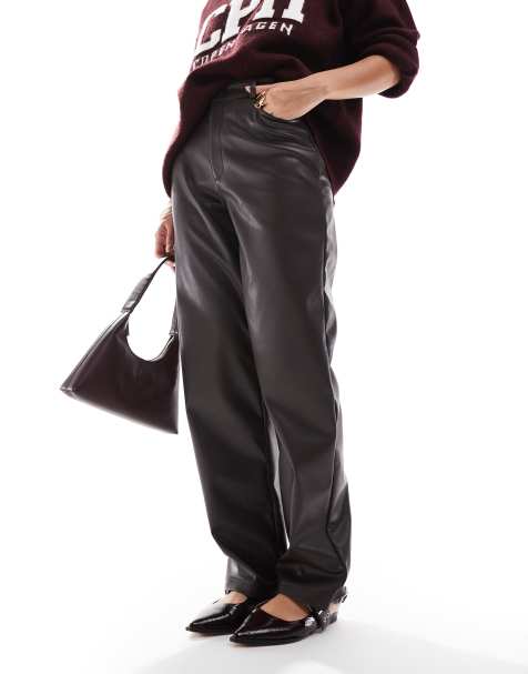 ASOS DESIGN faux leather straight leg pants in brown - view 1