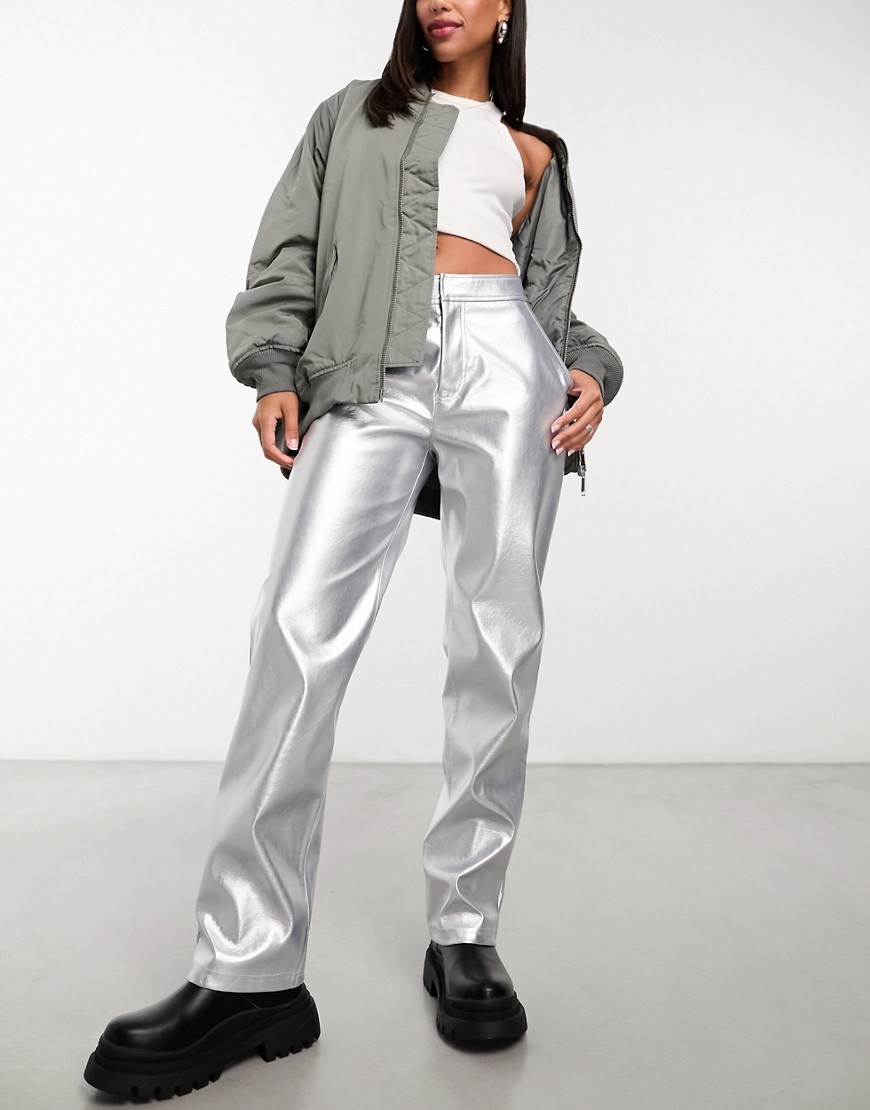 Asos Design Faux Leather Straight Leg Pants In Metallic-silver