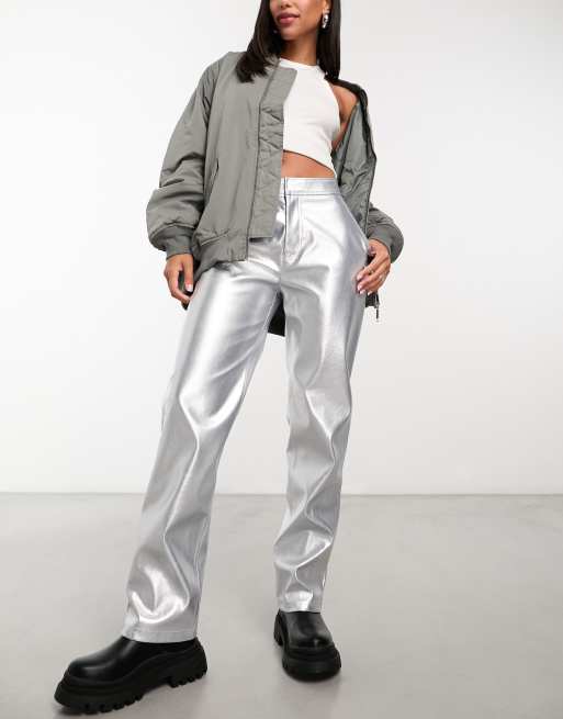 ASOS DESIGN faux leather straight leg pants in metallic