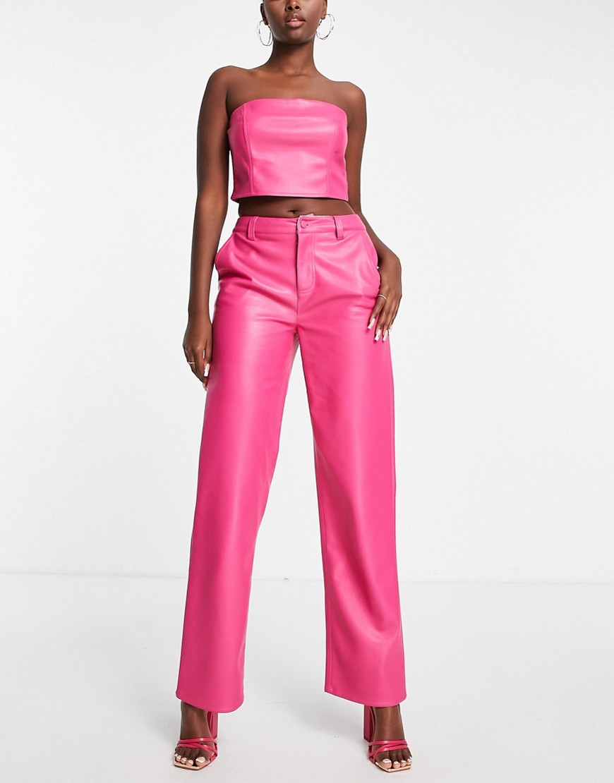 ASOS DESIGN faux leather straight leg pants in pink - part of a set