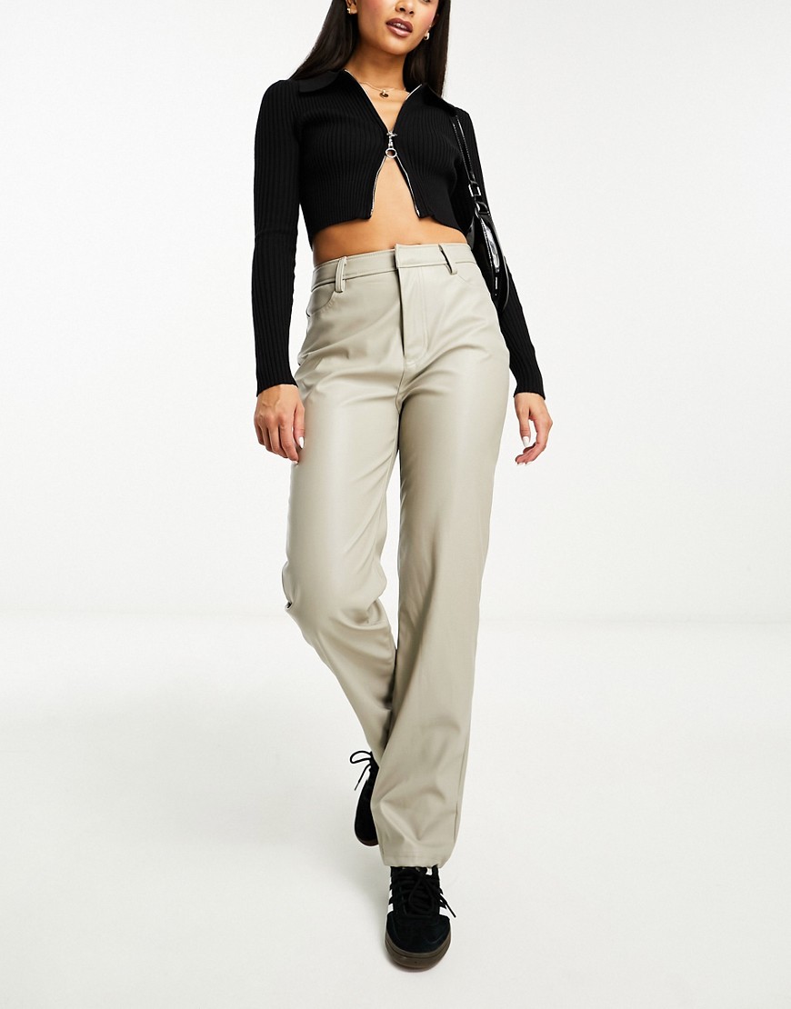 Asos Design Tall Faux Leather Straight Leg Pants In Gray-green