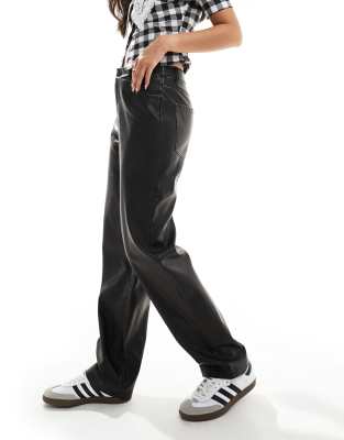 Asos Design Faux Leather Straight Leg Pants In Washed Black